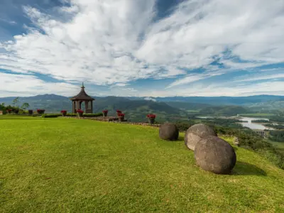 Pagoda and stone ball sculpture with view