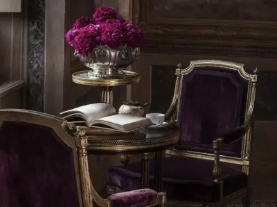 Villa Balbiano lake Como luxury accommodation private villa refined elegant design by french interior decorator Jacques Garcia Sala del Tempietto area to relax meditate Louis XVI tea table Marie Antoinette velvet armchairs Milan Italy