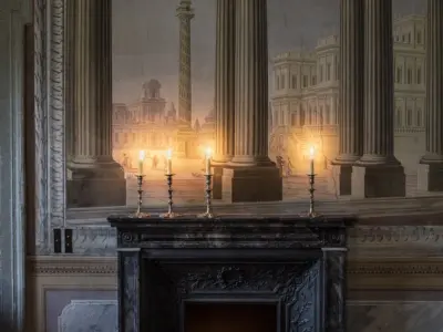 Villa Balbiano rental accommodation authentic italian palazzo experience on lake Como ground floor living room original barocco frescoes candles fireplace mantel ground floor exclusive property