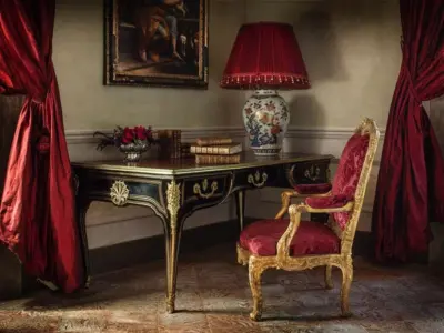 Villa Balbiano italian opulence on lake Como accommodation luxury villa second floor red master suite black wood regency desk exclusive property accommodation wedding event best service