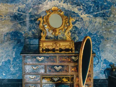 Red Suite bathroom detail antique vanity table Sothebys Villa Balbiano